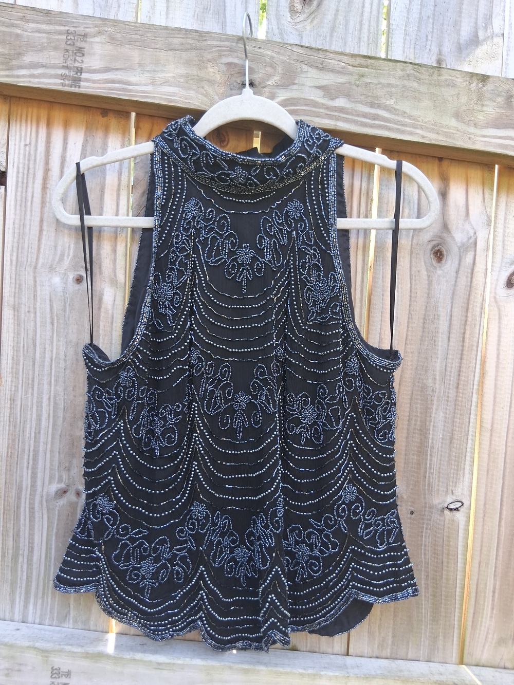 100% Silk Papell Boutique Black Beaded High-Neck Top
